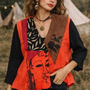 AHNI Handmade Linen Blend Abstract Art Blouse Size 0 Made In USA